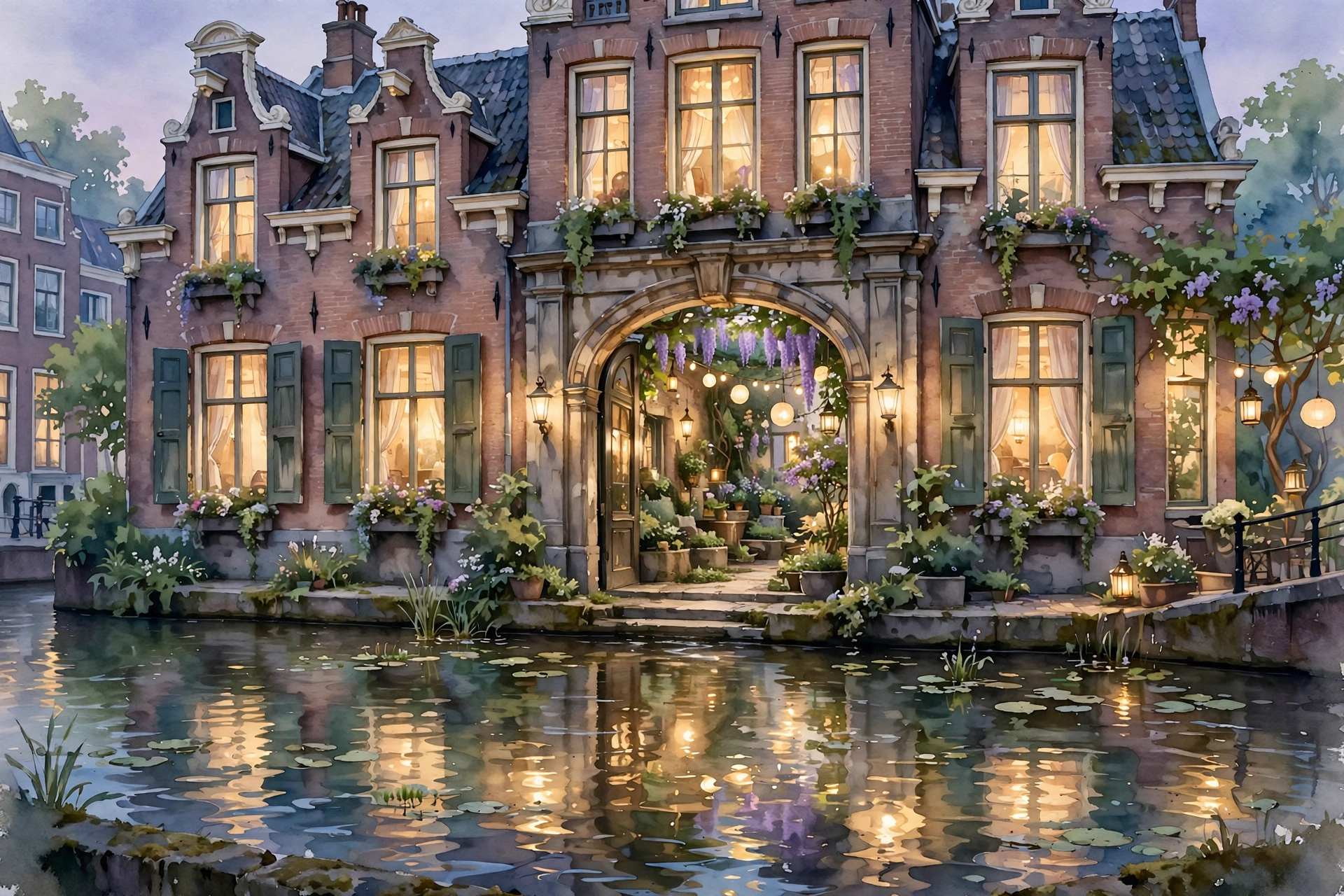 Storybook illustration of a grand canal-house hotel facade at dusk, warm windows glowing above an archway opening onto a lantern-lit inner garden courtyard