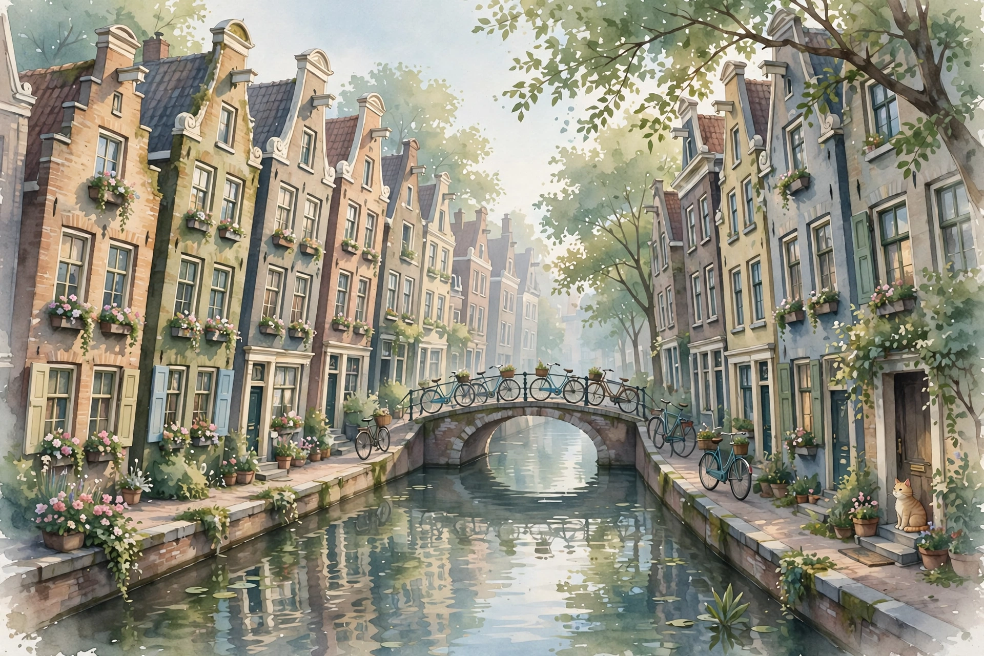 Storybook illustration of a quiet Jordaan canal street in morning light, with leaning gabled houses, bicycles on a small bridge, and flower boxes
