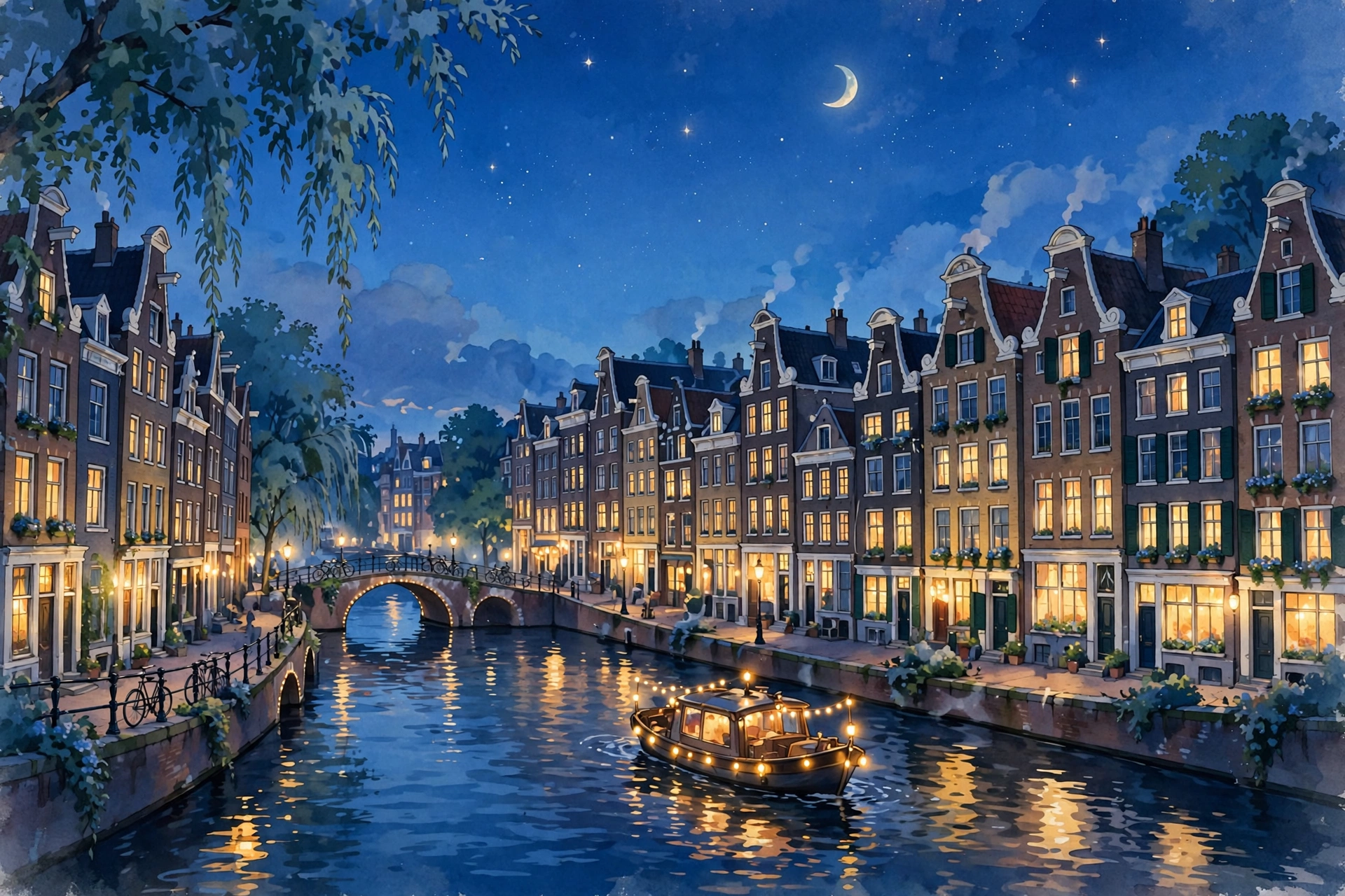 Illustration of a moonlit Amsterdam canal at night with a warmly lit tour boat and glowing canal houses