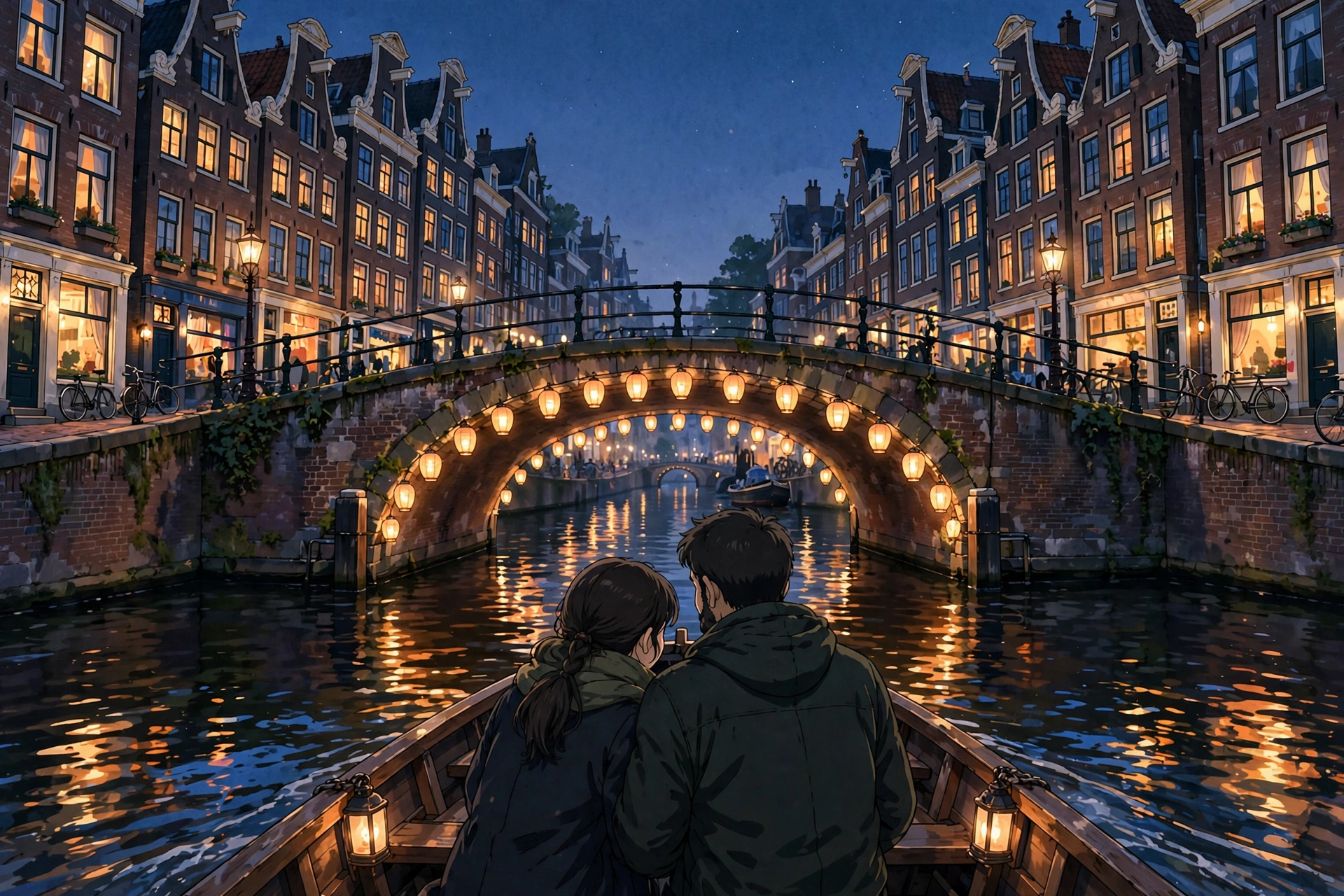 Illustration of a couple in a boat gliding toward a stone canal bridge covered in glowing lanterns at night