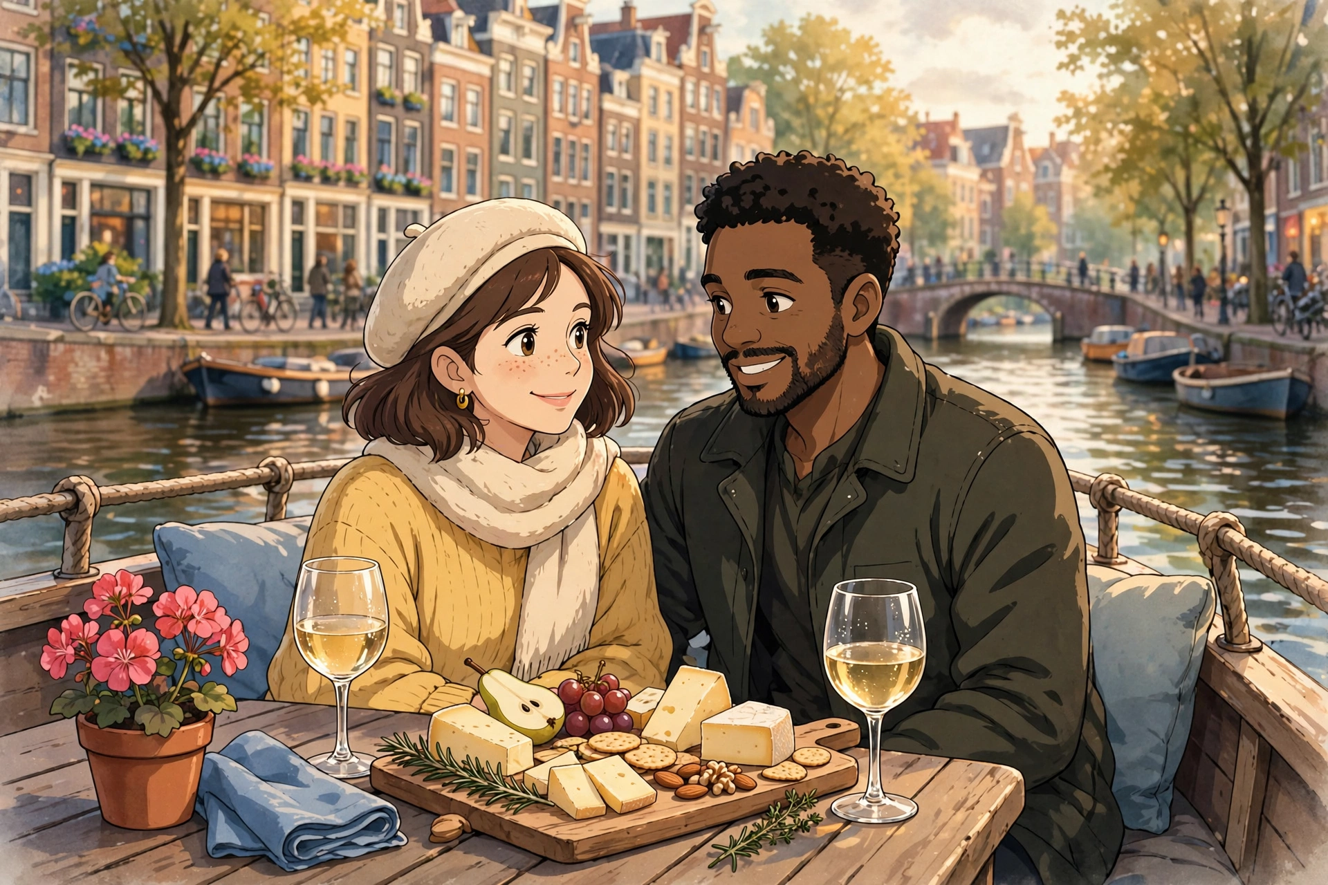 Illustration of a couple on a canal boat sharing wine and a board of Dutch cheese, crackers, and fruit