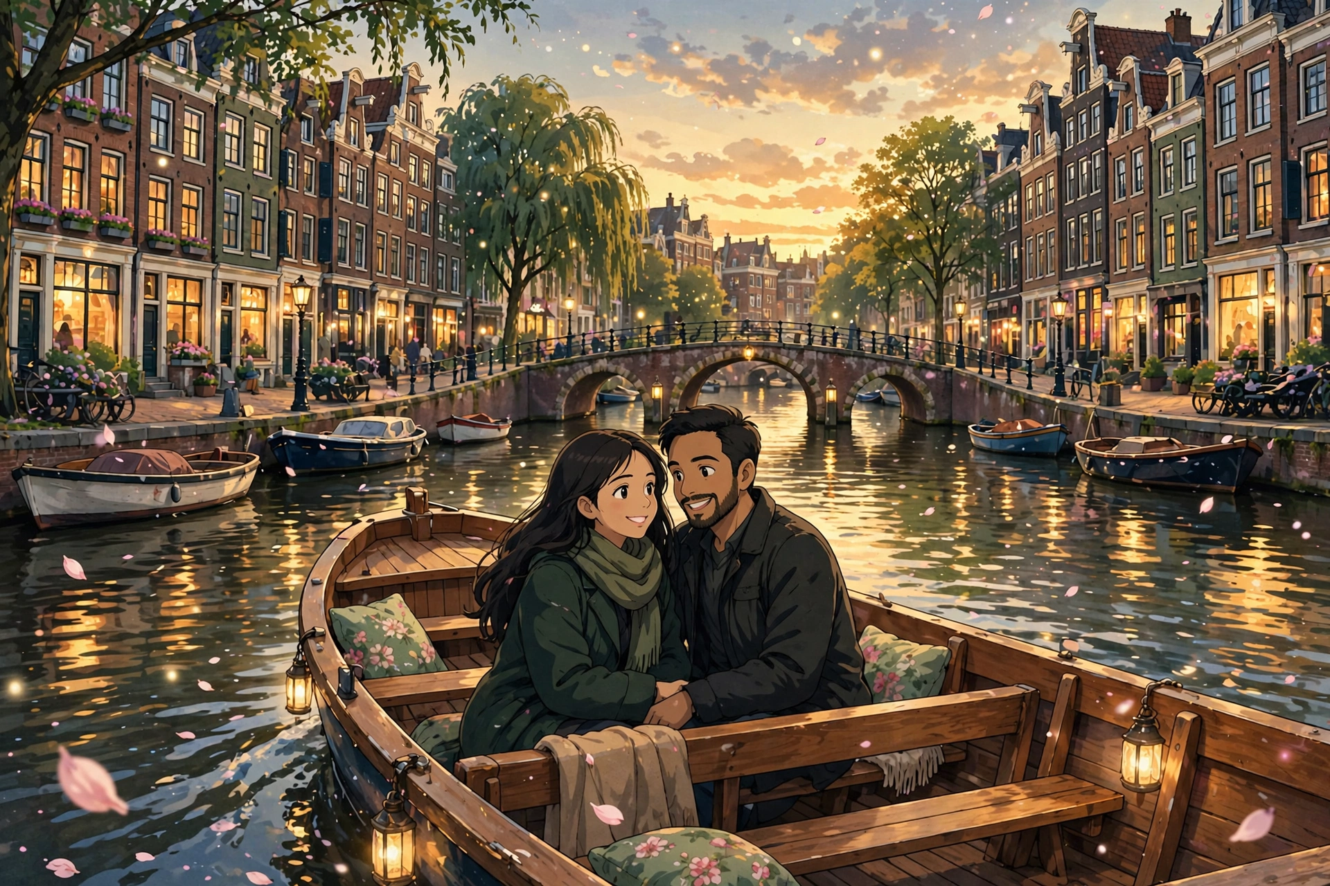 Illustration of a couple gliding down an Amsterdam canal in a wooden boat at sunset, past glowing canal houses and an arched stone bridge