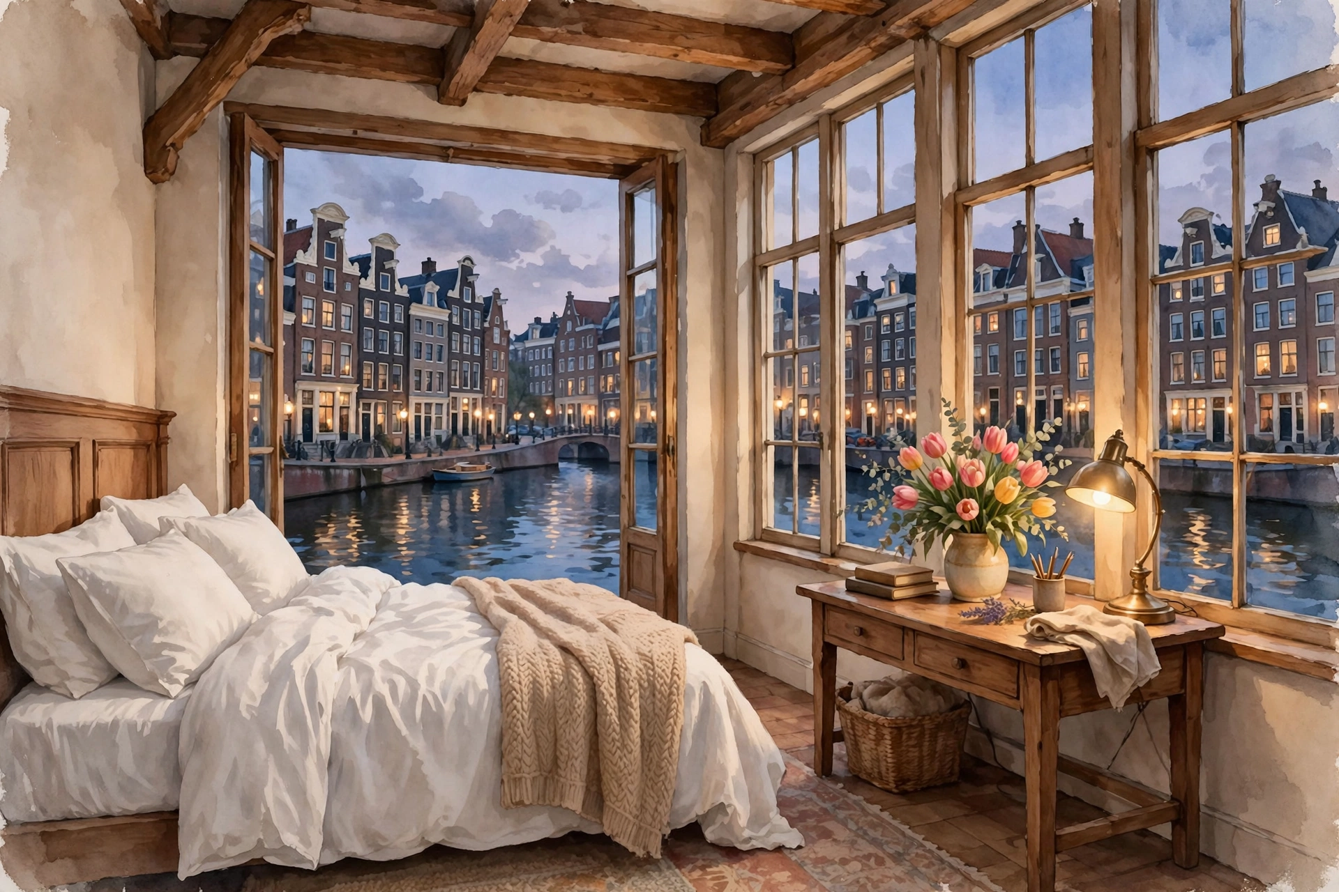 Storybook illustration of a cozy hotel bedroom with tall windows framing a canal view at dusk, tulips on the desk, warm lamplight
