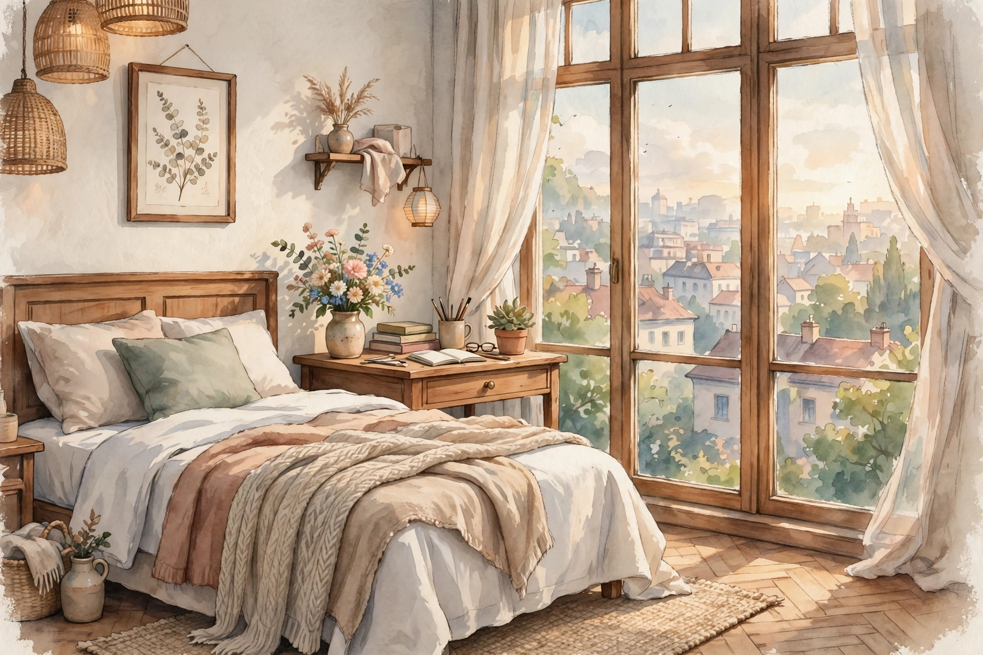 Storybook illustration of a cozy boutique hotel bedroom in warm morning light, with a window framing a soft cityscape view
