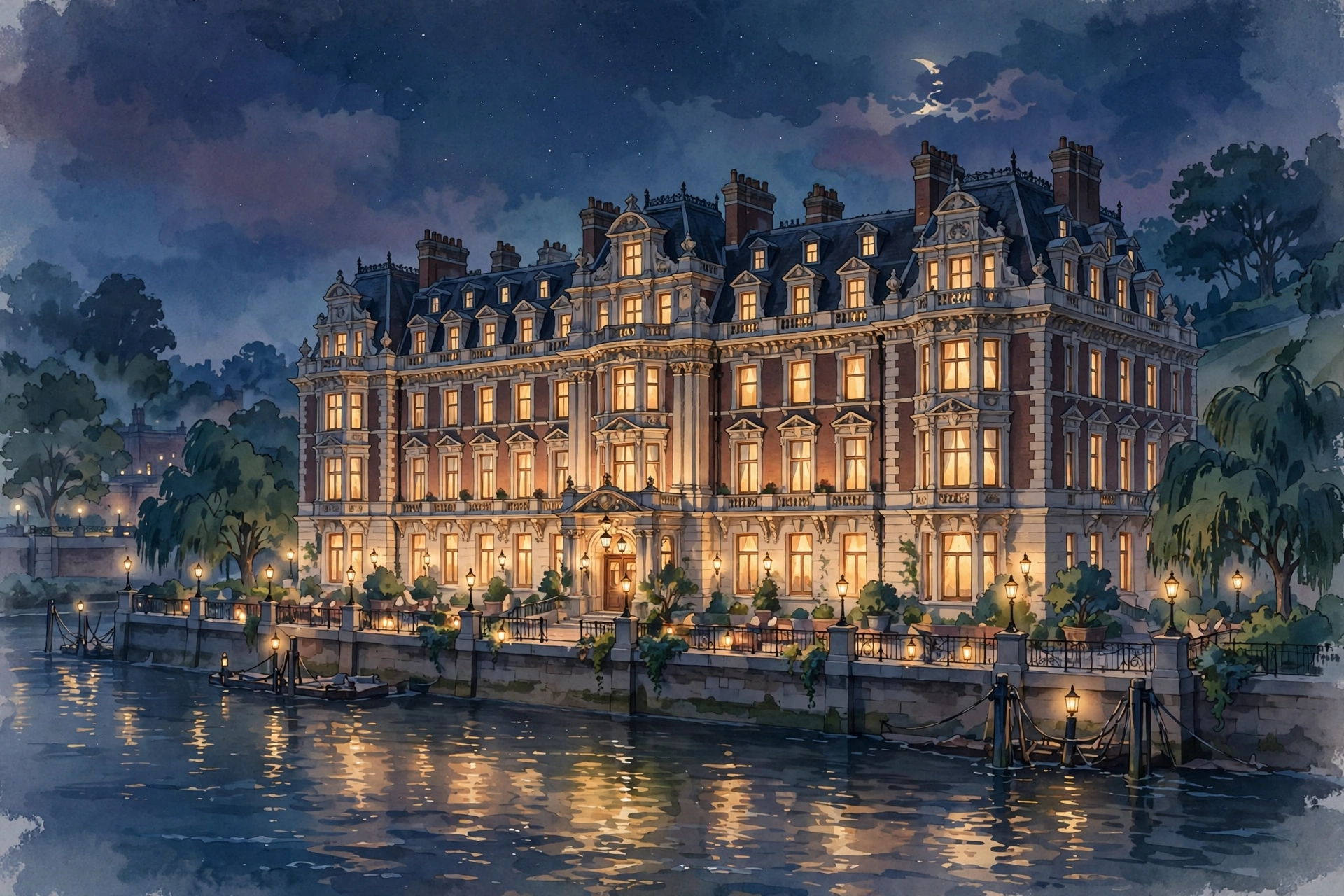 Storybook illustration of a grand Edwardian hotel facade on the Thames at night, warm windows glowing above the riverside terrace