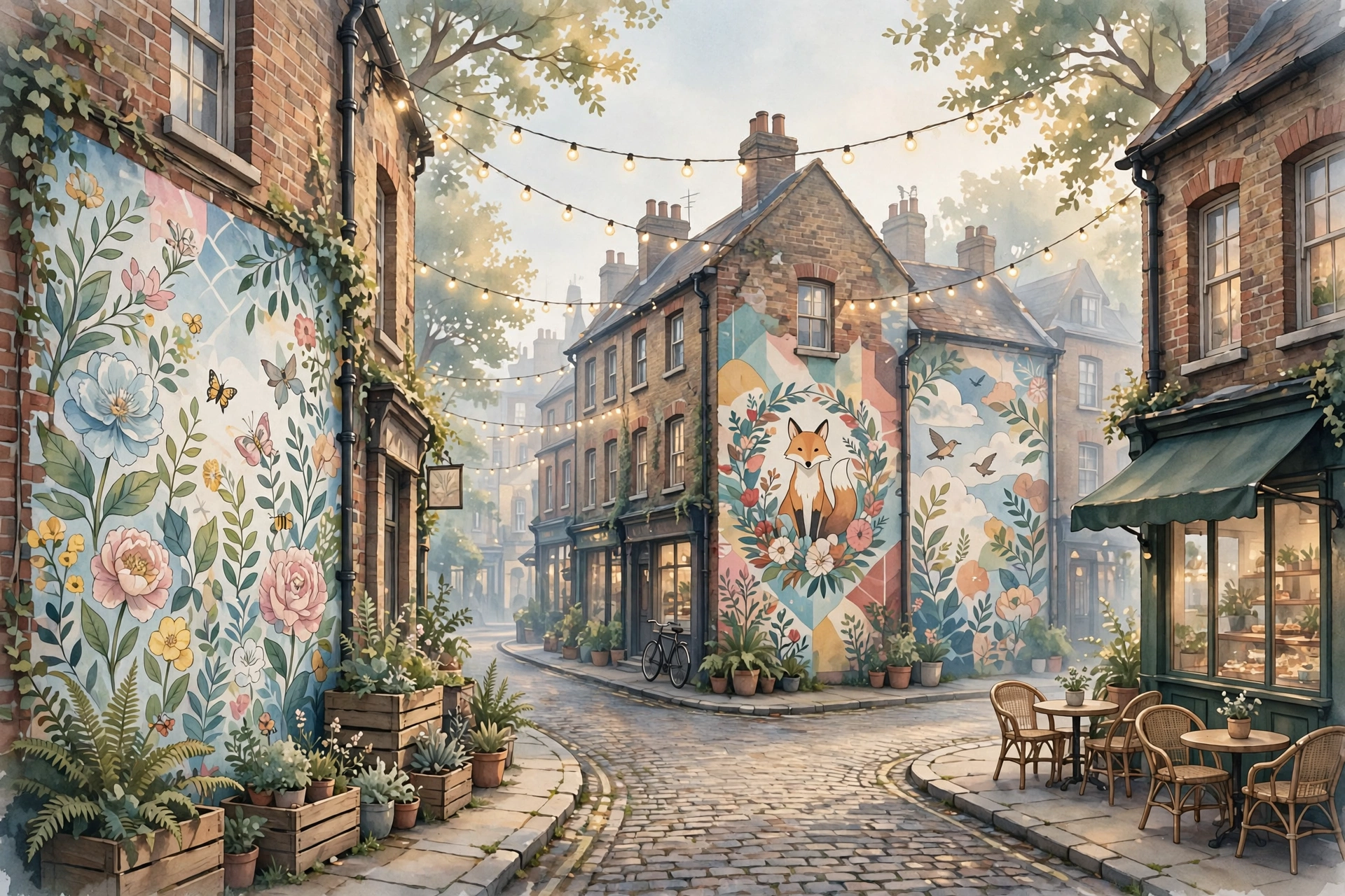 Storybook illustration of a Shoreditch street in morning light, colorful street-art murals on brick buildings and a quiet cafe corner