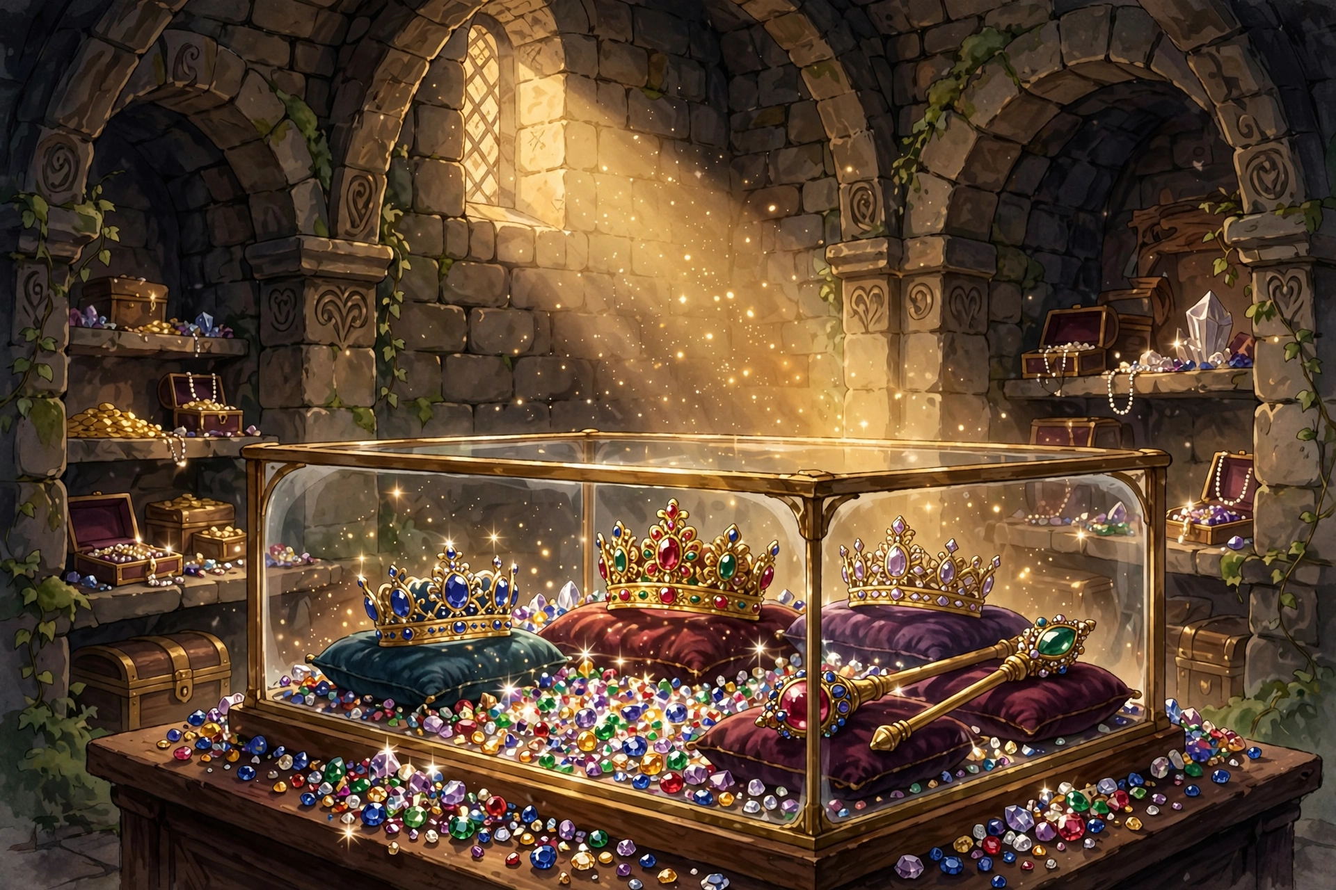 Storybook illustration of a jewel vault glowing with golden light, ornate jeweled crowns resting on velvet cushions inside a glass case