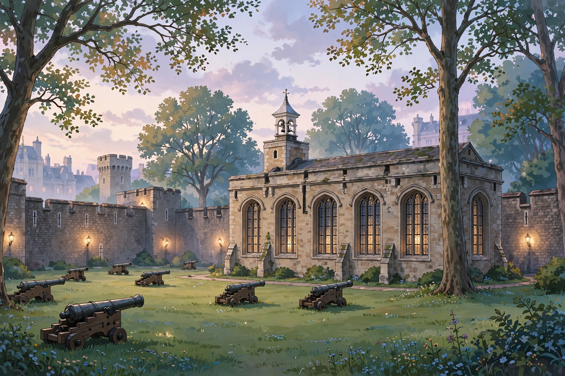Storybook illustration of Tower Green at soft dusk, with the Chapel of St Peter ad Vincula and historic cannons glowing in warm lamplight