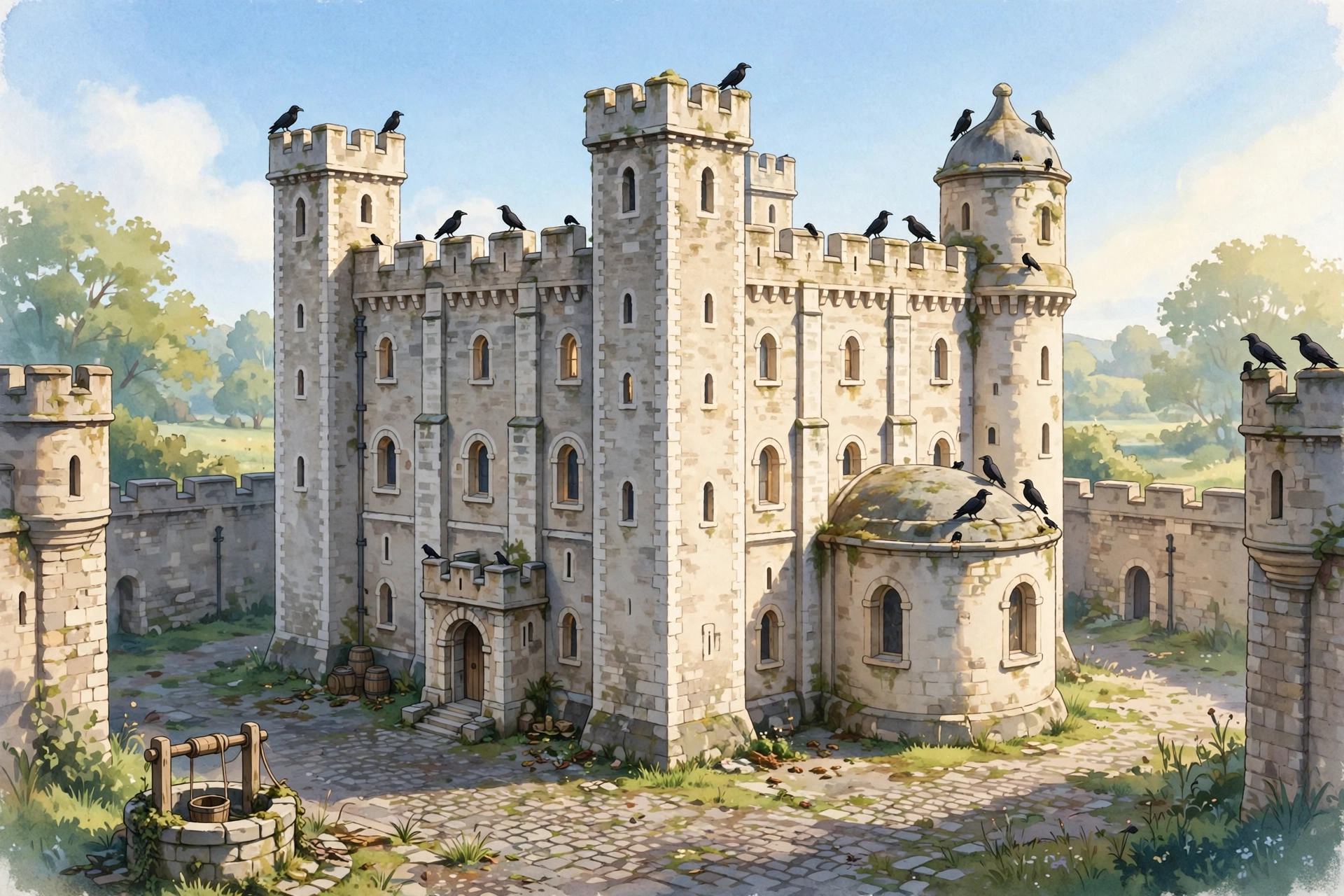 Storybook illustration of the White Tower keep in bright morning light, with black ravens perched on the ancient battlements